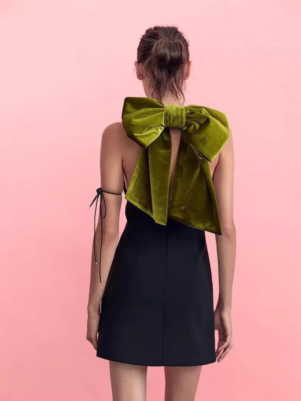 Zara Black Mini Dress with Olive Velvet Bow